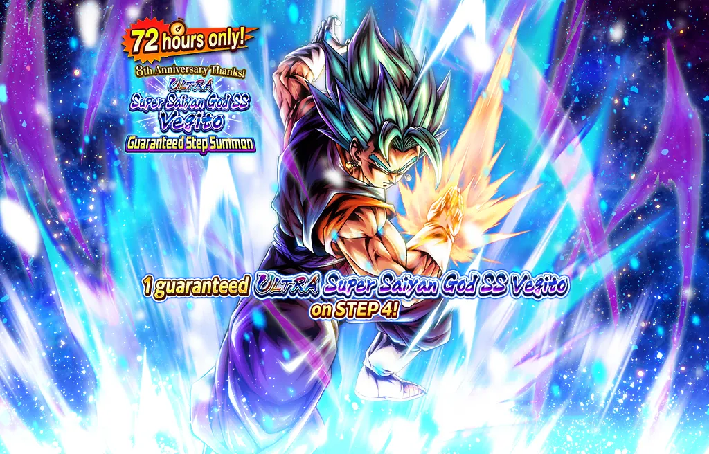 ¡Solo durante 72 horas! ¡Gracias por tu apoyo en el octavo aniversario! Invocación por Pasos con Vegetto supersaiyajin dios SS ULTRA garantizado